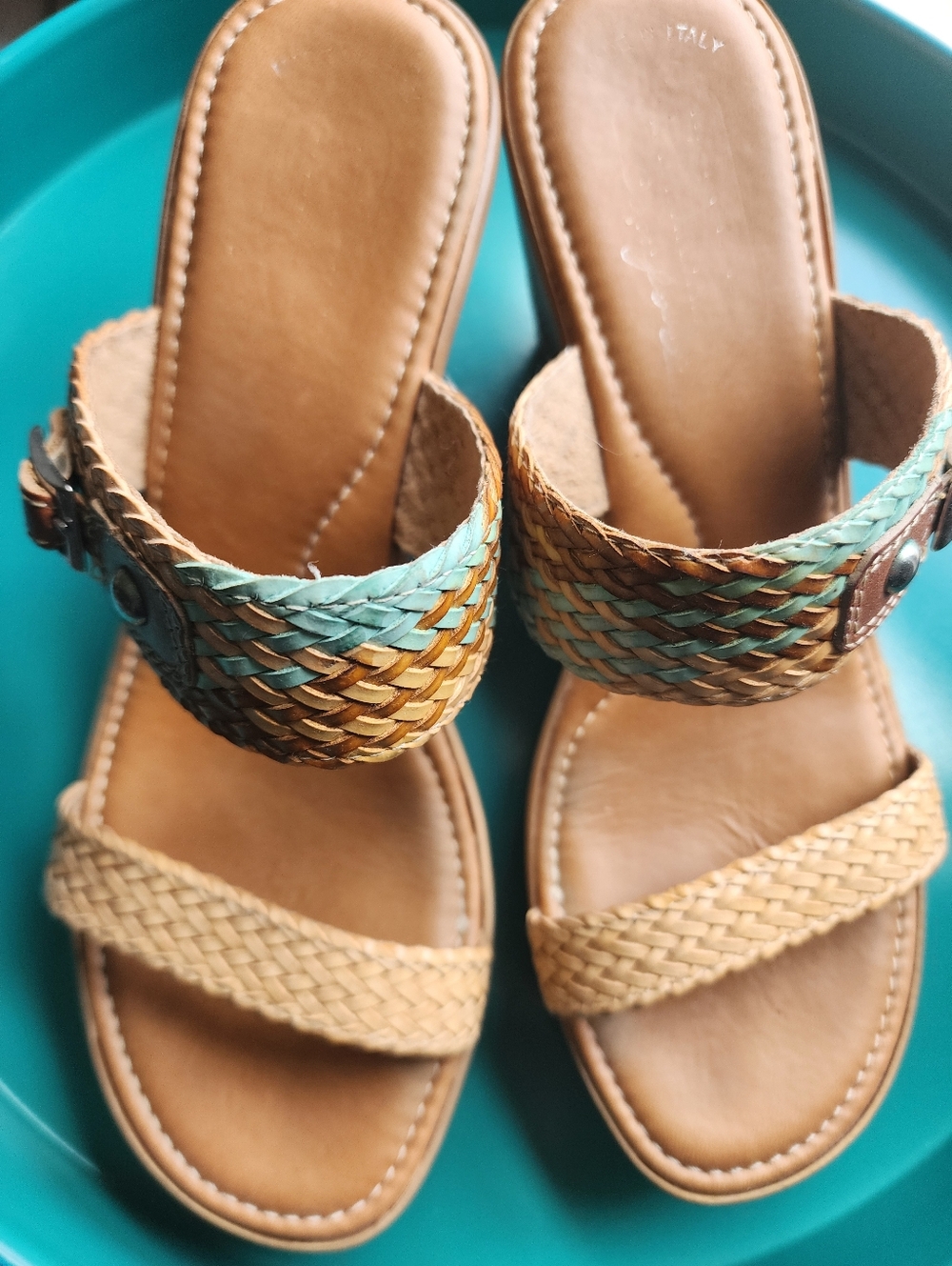 YOUR NEXT PURCHASE! Woven Tan & Teal Slide Sandals - Women